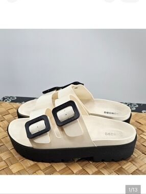 Women’s Cream Platform Slide Sandals with Black Buckles